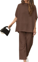 Women's Casual Batwing Sleeve Pullover Top and Wide Leg Set