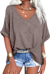 Women's Casual Oversized V-Neck Shoer Sleeve T-Shirt