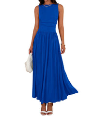 Women's Solid Sleeveless Ruched High Waisted Tank Dress with Pockets
