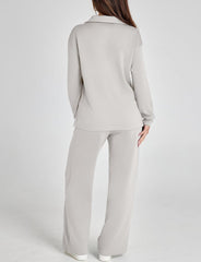 Women's Casual Polo Top and Wide Leg Pants Matching Sets