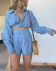 Hot Sale Denim Crop Shirt and Shorts Set