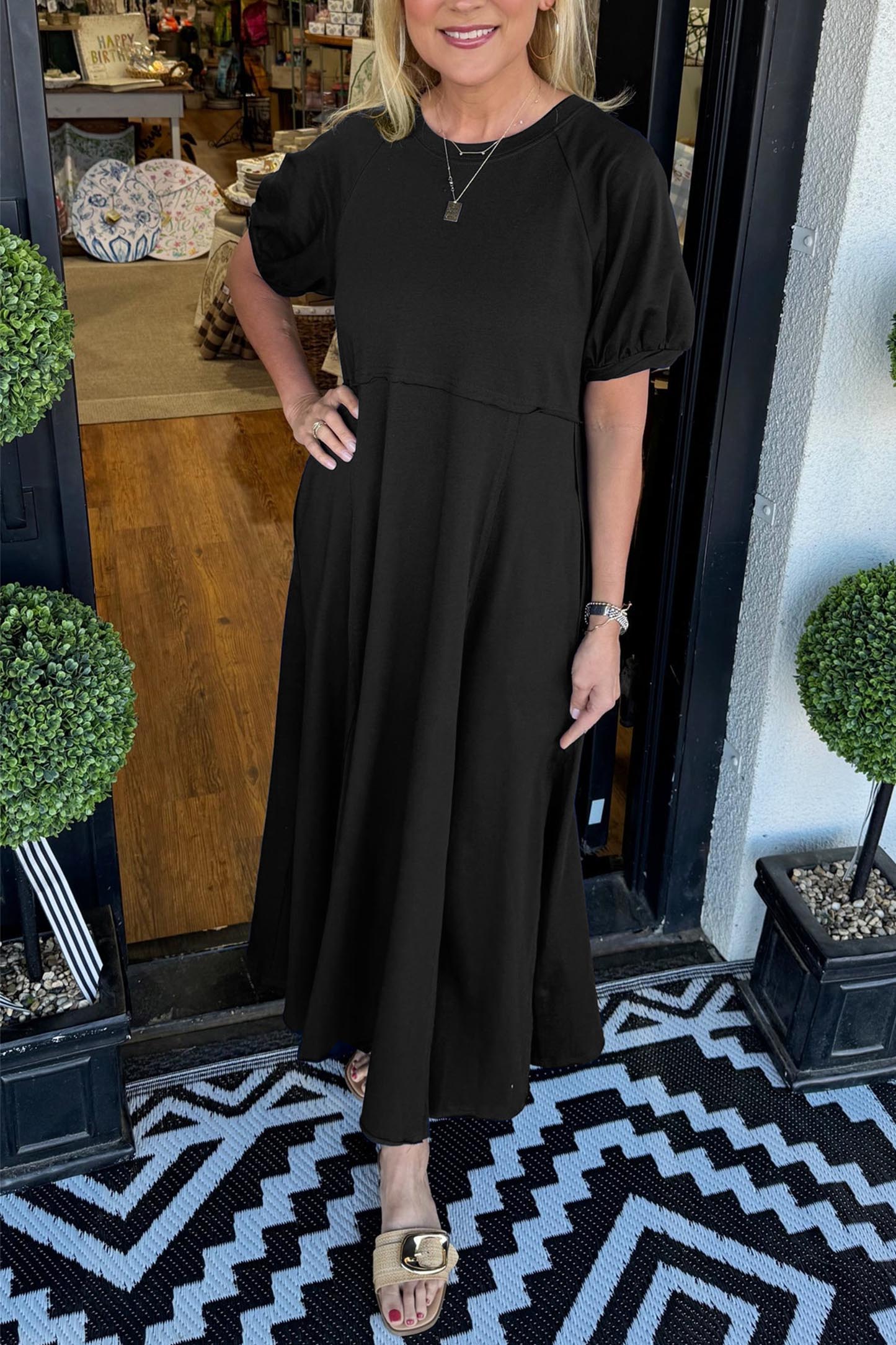 Women's Solid Puff Sleeve Long Dress With Pockets