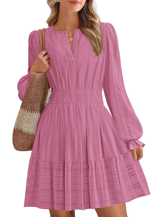 Women's Long Sleeve Tiered Ruffle Hem V-Neck Dress