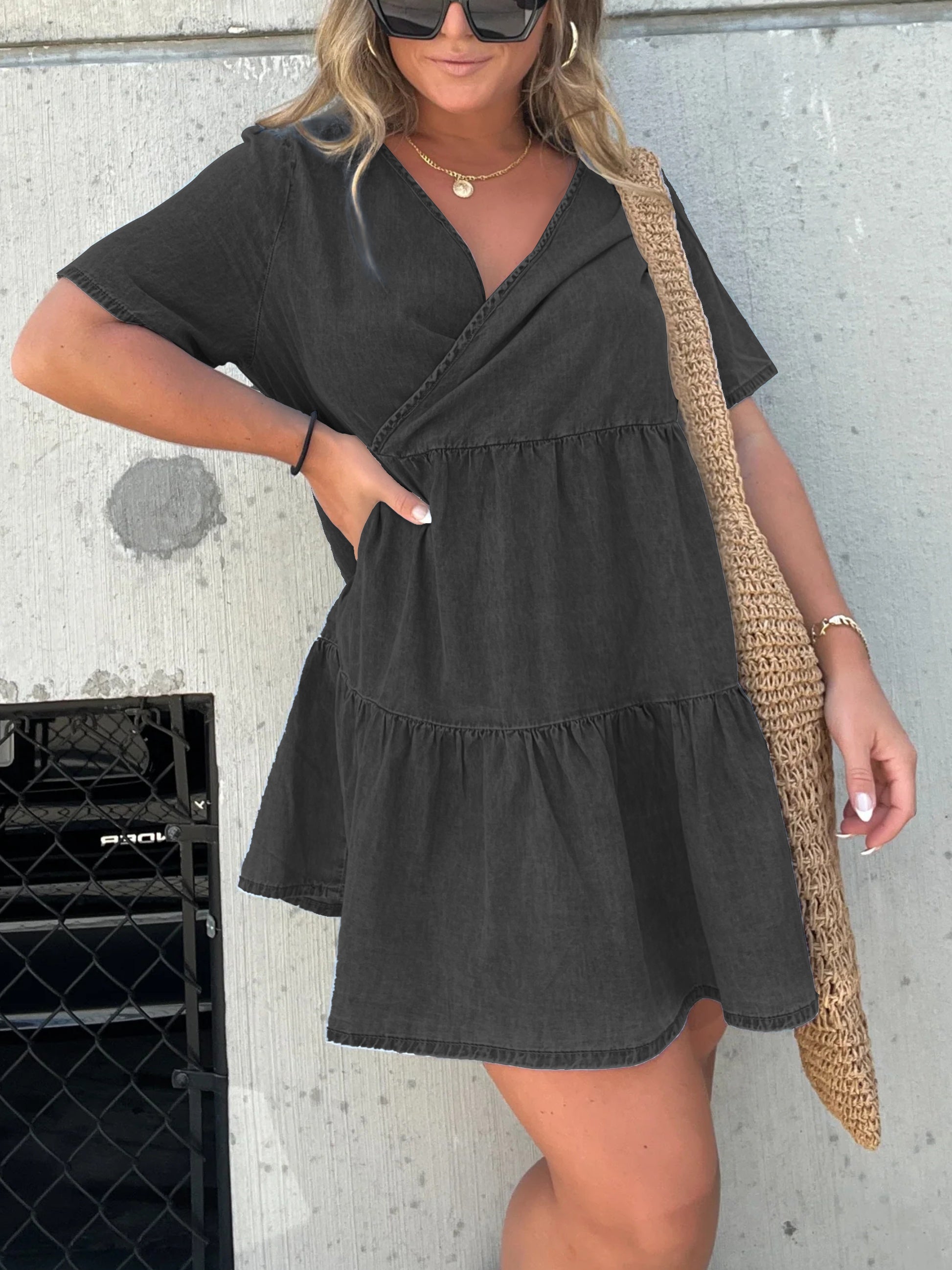 Denim Ruffle V-Neck Mini Dress