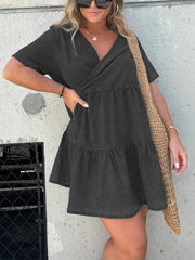 Denim Ruffle V-Neck Mini Dress