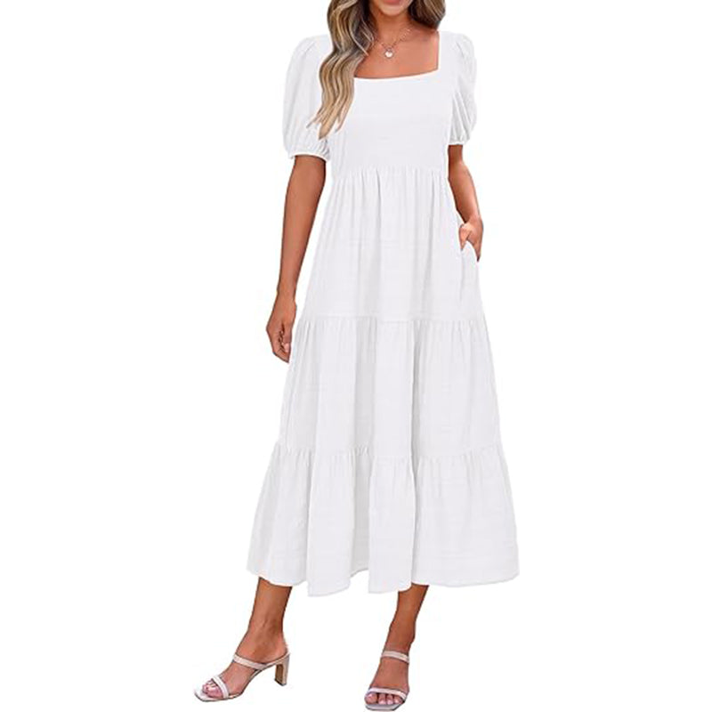 Puff Sleeve Smocked Flowy  Midi Dress