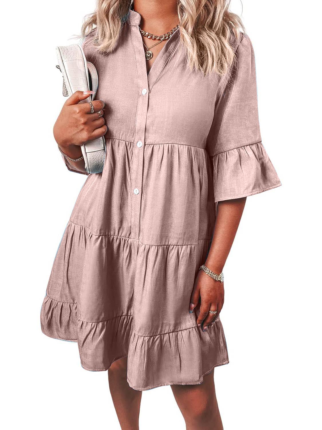 Women¡®s Casual V Neck Ruffle Short Sleeve Summer Dress