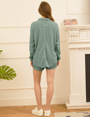 Women's Casual Waffle Two Pack V-Neck Top and Shorts Set