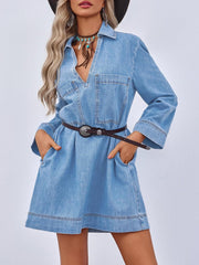 Women's Deep V Neck Denim Shirt Dress with Pockets