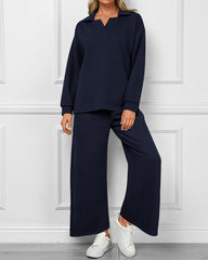 Women's Lapel V Neck Textured Lounge Sets