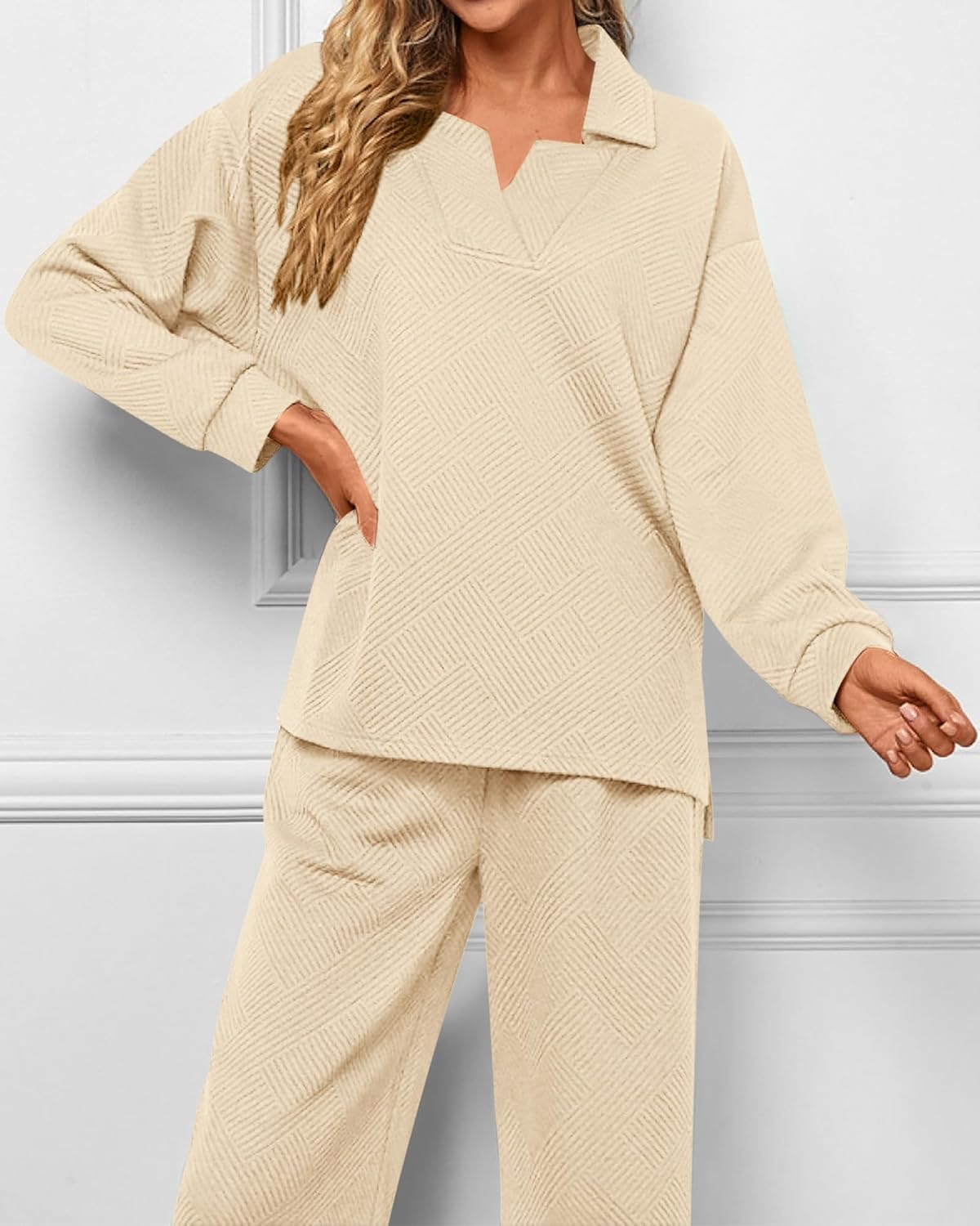 Women's Lapel V Neck Textured Lounge Sets