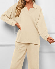 Women's Lapel V Neck Textured Lounge Sets