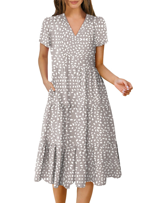 Women's Summer Casual Short Sleeve V Neck Tiered Midi Dress