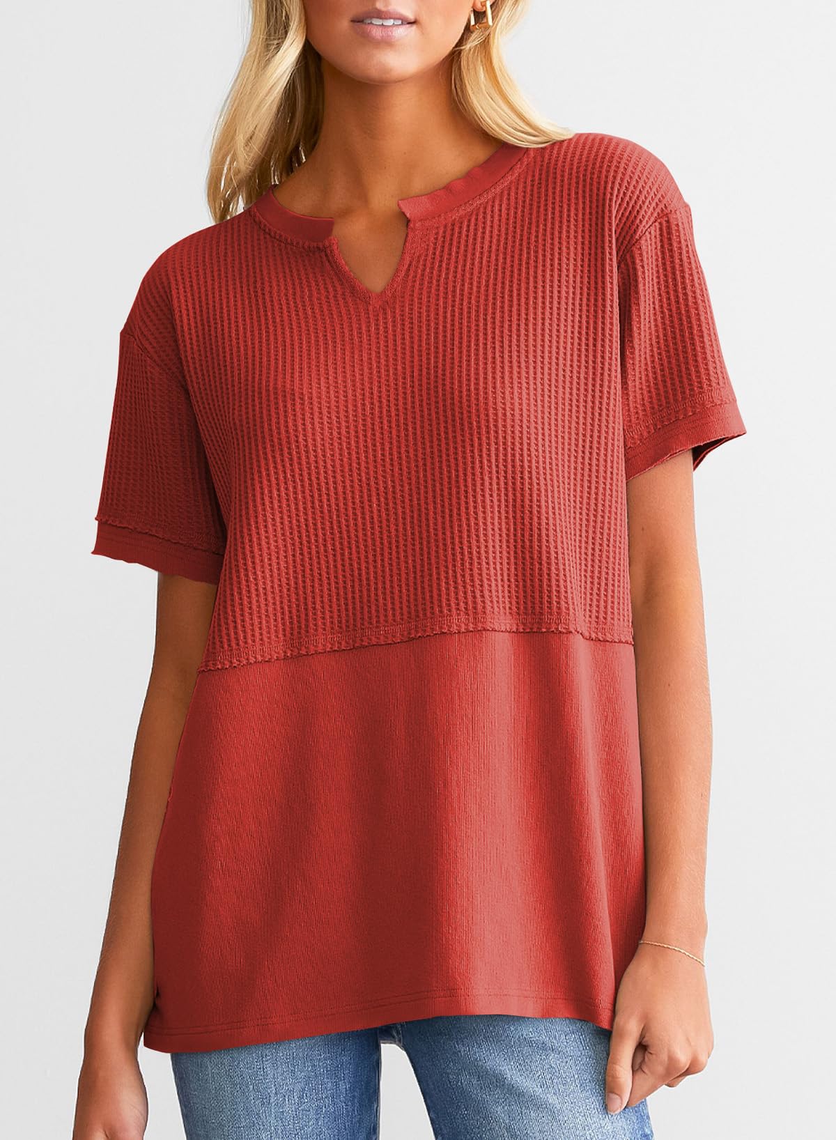 Women's Casual  Waffle Knit Short Sleeve Top