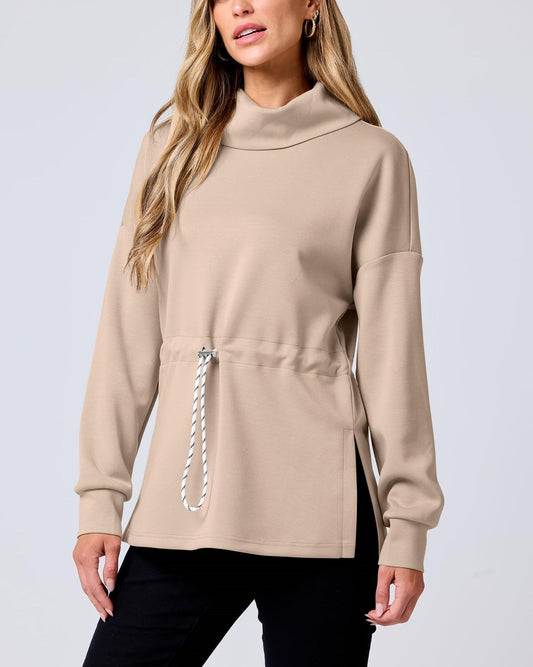 Women's Turtleneck Drawstring Waist  Long Sleeve Pullover Tops
