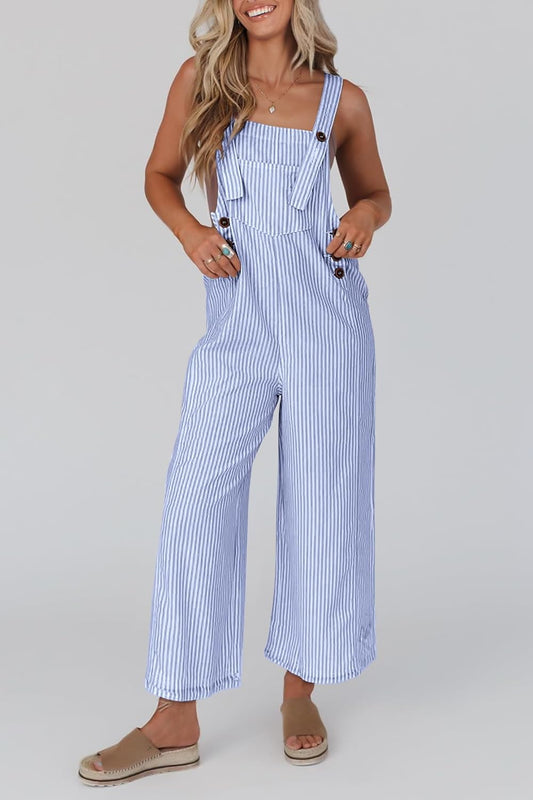 Women's Button Striped Wide Leg Jumpsuit