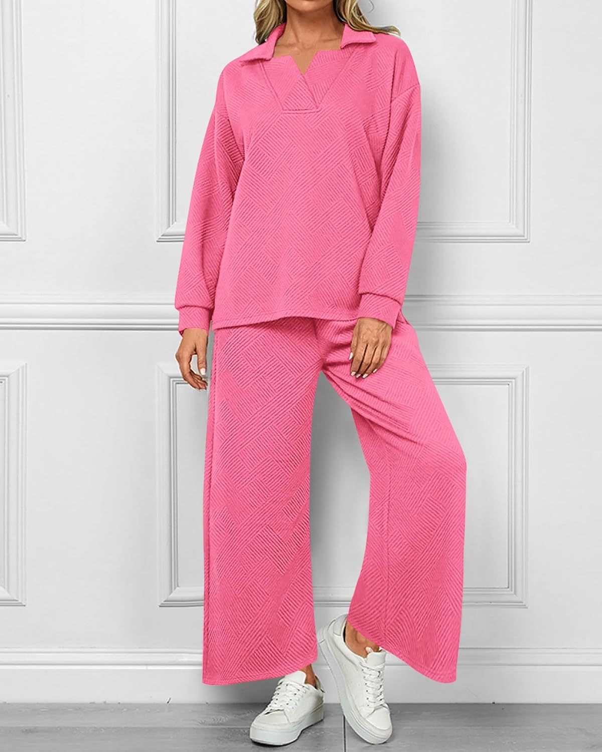 Women's Lapel V Neck Textured Lounge Sets