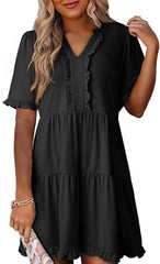Women's V Neck Short Sleeve Casual A Line Flowy Swing Dress