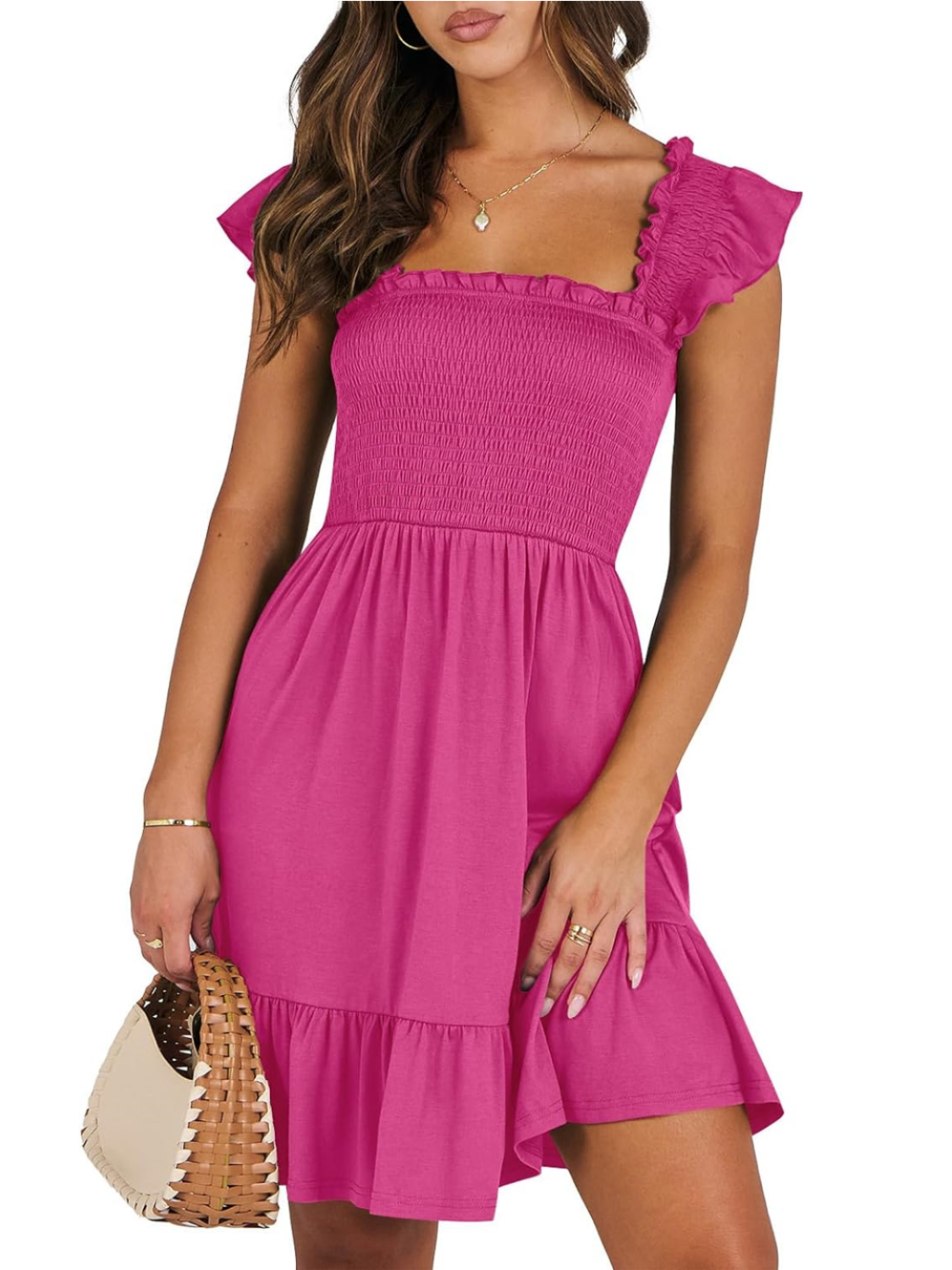 Women's Square Neck Smocked Ruffle Dress