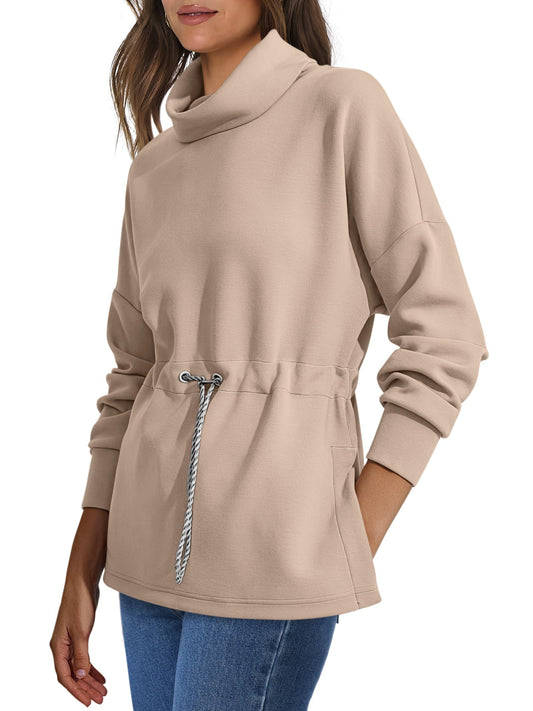 Women's Turtleneck Drawstring Waist  Long Sleeve Pullover Tops