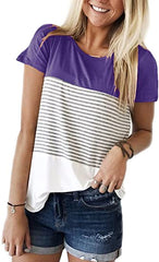 Striped Panel Crew Neck Short Sleeve Casual T-Shirt