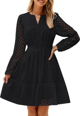 Women's Long Sleeve Hollow Out Eyelet Dress