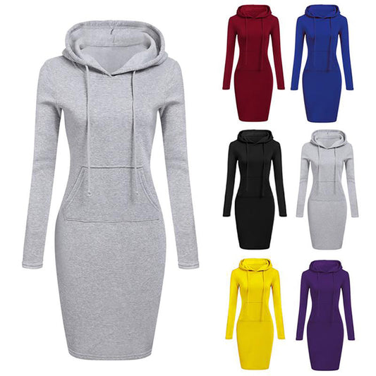 Women Pocket Knee Length Slim Casual Pullover Hoodie Dress