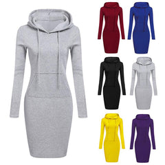 Women Pocket Knee Length Slim Casual Pullover Hoodie Dress
