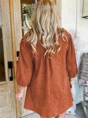 Bracelet Sleeve Split Neck Scallop Detail Pleated Corduroy Mini Dress