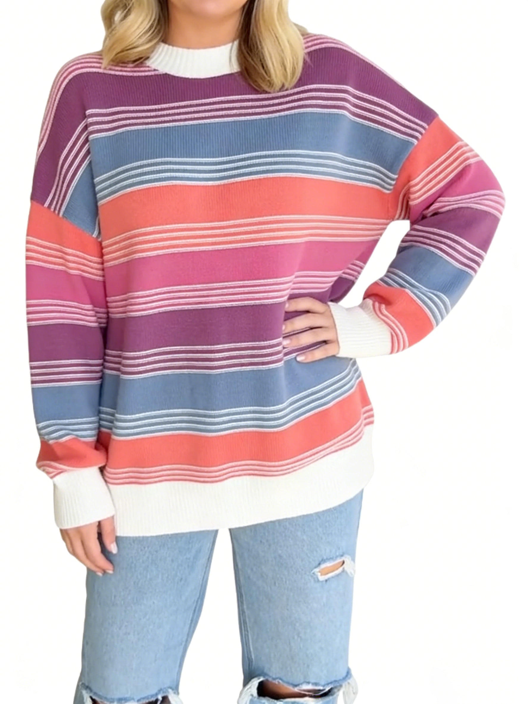 Women'S Colorful Striped Crew Neck Sweater