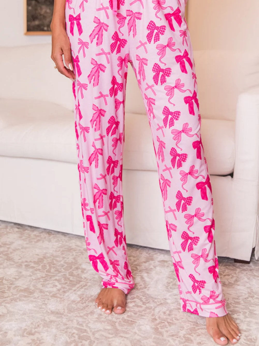 Women's Bow Knot Print Lapel Collar Short Sleeve and Pants Pajamas Set