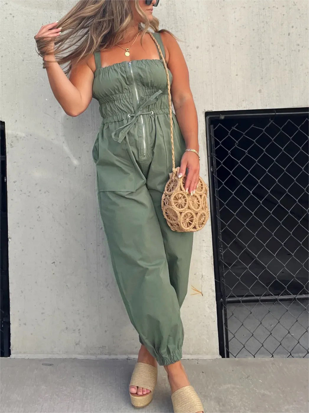 Hot Sale Ruched Elastic Cargo Jumpsuit