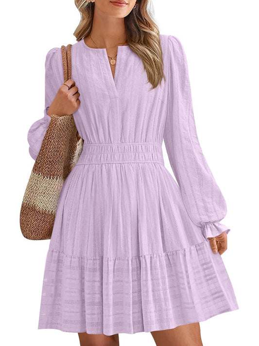 Women's Long Sleeve Tiered Ruffle Hem V-Neck Dress