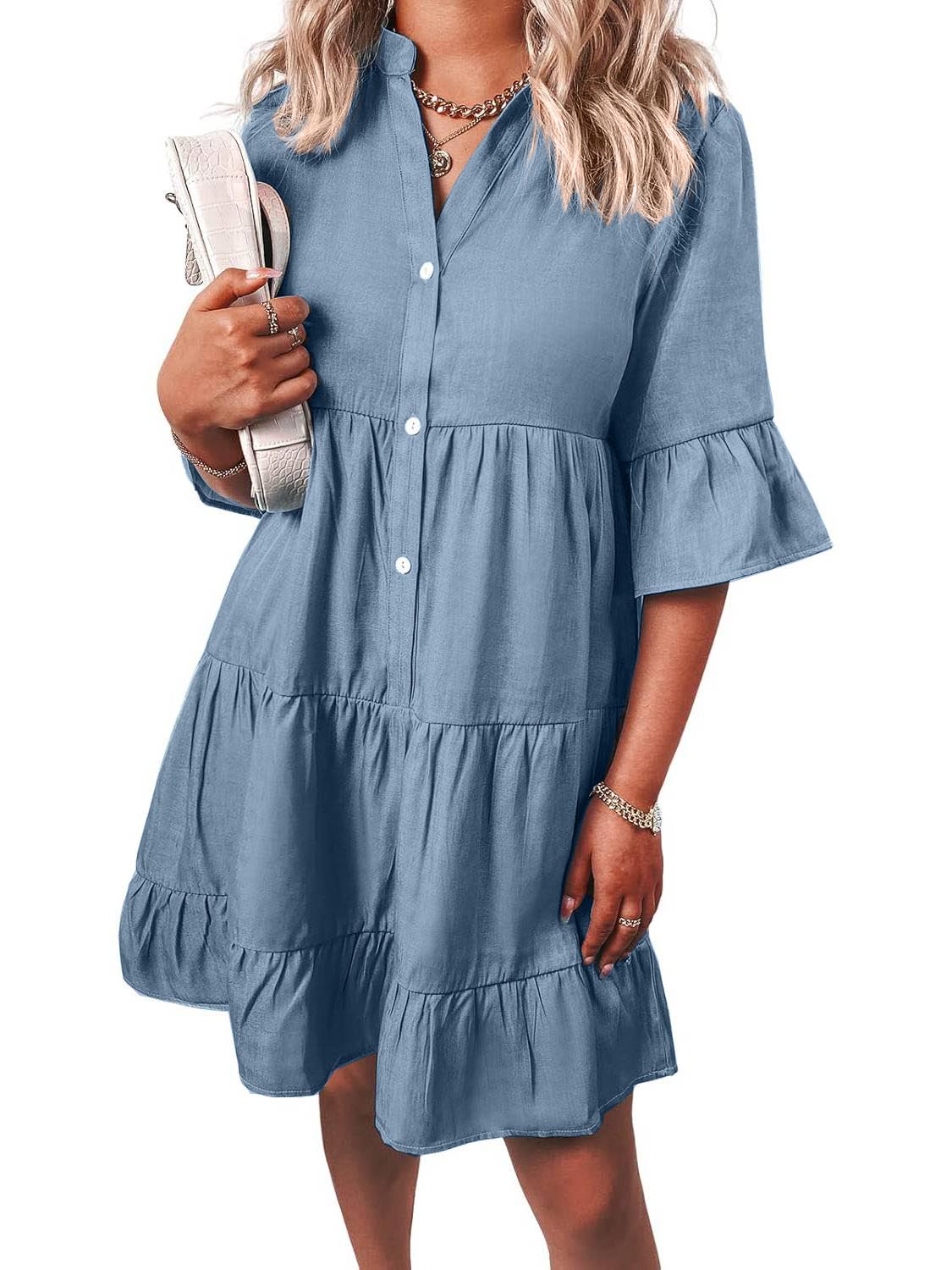 Women¡®s Casual V Neck Ruffle Short Sleeve Summer Dress