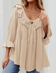Women's 3/4 Sleeve Tie-Front Ruffled Babydoll Blouse