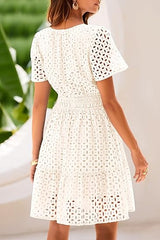Women's V Neck Short Sleeve A Line Hollow Out Lace Dress