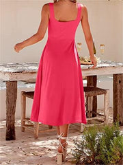 Casual Square Neck Sleeveless   Beach Midi Dress