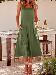 Casual Square Neck Sleeveless   Beach Midi Dress