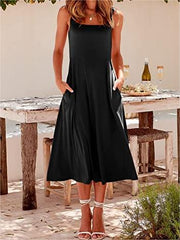 Casual Square Neck Sleeveless   Beach Midi Dress