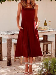 Casual Square Neck Sleeveless   Beach Midi Dress