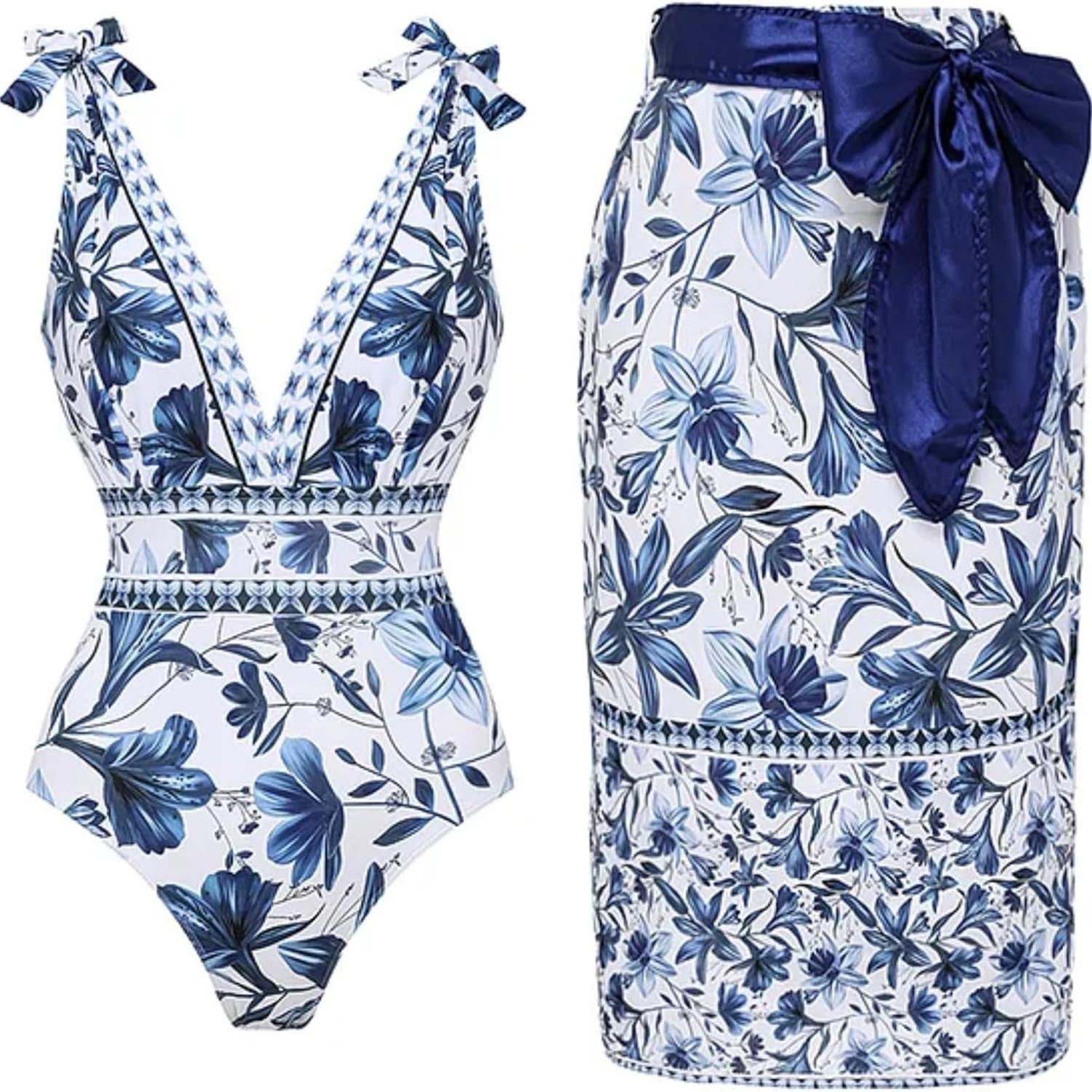 Adjustable Shoulder Floral Print One Piece Swimsuit with Skirt/Sarong