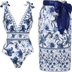 Adjustable Shoulder Floral Print One Piece Swimsuit with Skirt/Sarong