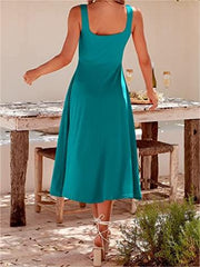 Casual Square Neck Sleeveless   Beach Midi Dress