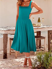 Casual Square Neck Sleeveless   Beach Midi Dress