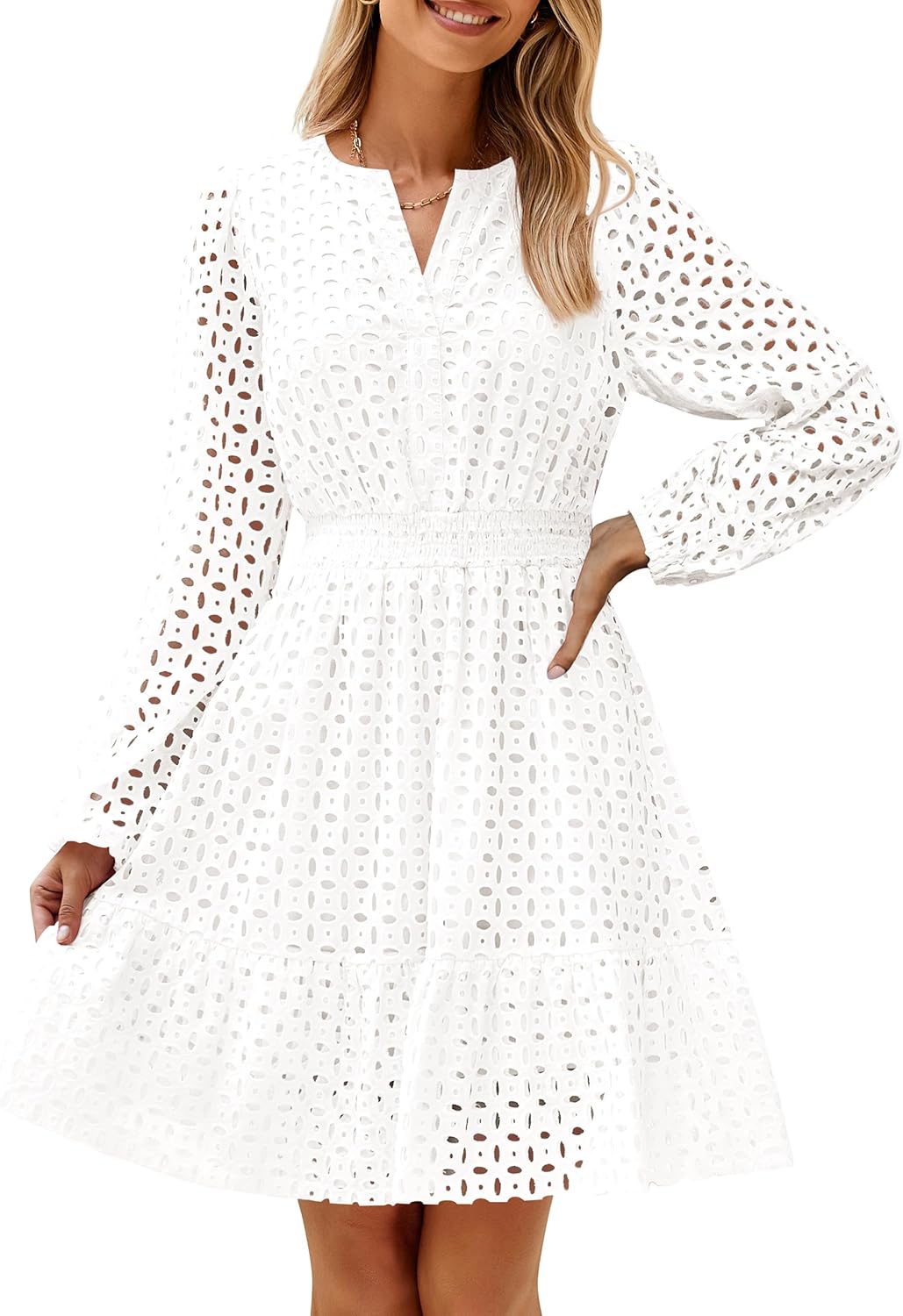 Women's Long Sleeve Hollow Out Eyelet Dress