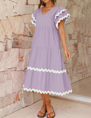 Women's V Neck Flutter Short Sleeve Tiered Long Dress