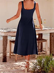 Casual Square Neck Sleeveless   Beach Midi Dress