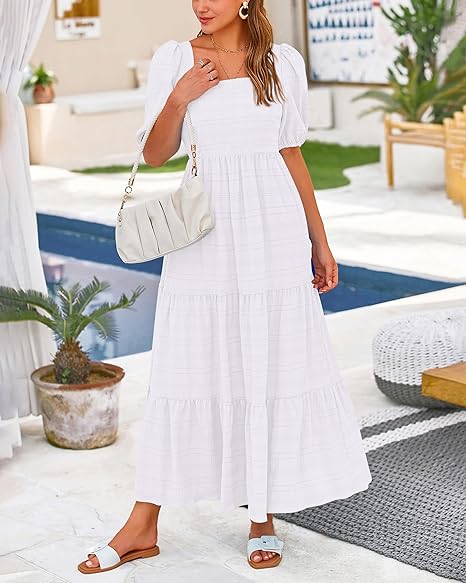 Puff Sleeve Smocked Flowy  Midi Dress