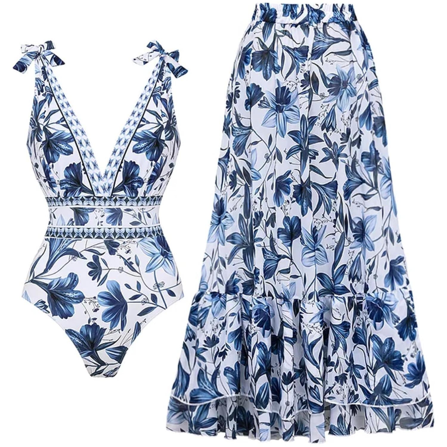 Adjustable Shoulder Floral Print One Piece Swimsuit with Skirt/Sarong