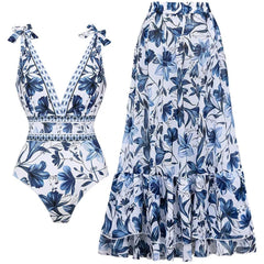 Adjustable Shoulder Floral Print One Piece Swimsuit with Skirt/Sarong